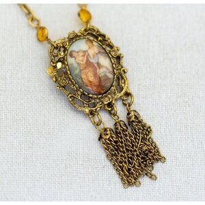 26 inch, Vintage Renaissance Oval Cameo Gold Tone Tassel Necklace - i1